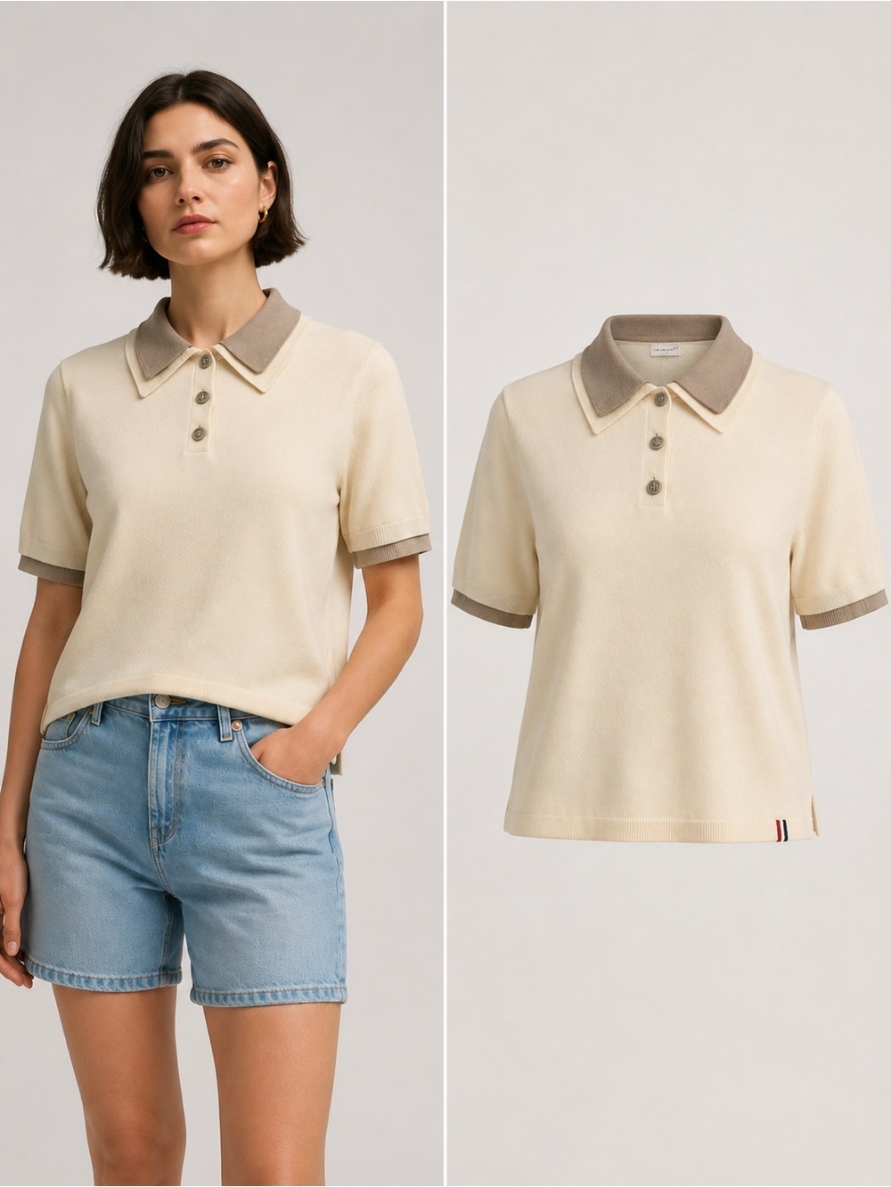 Hunter | Contrast Trim Polo Sweater Knit Top | Cream Taupe Quiet Luxury | L
